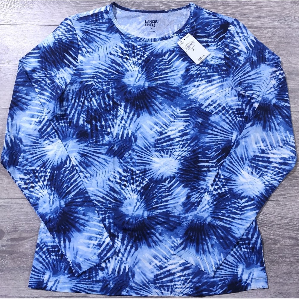 Lands End Rash Guard Womens Small 6-8 Blue Tie Dye Swim Shirt Long Sleeve UPF 50